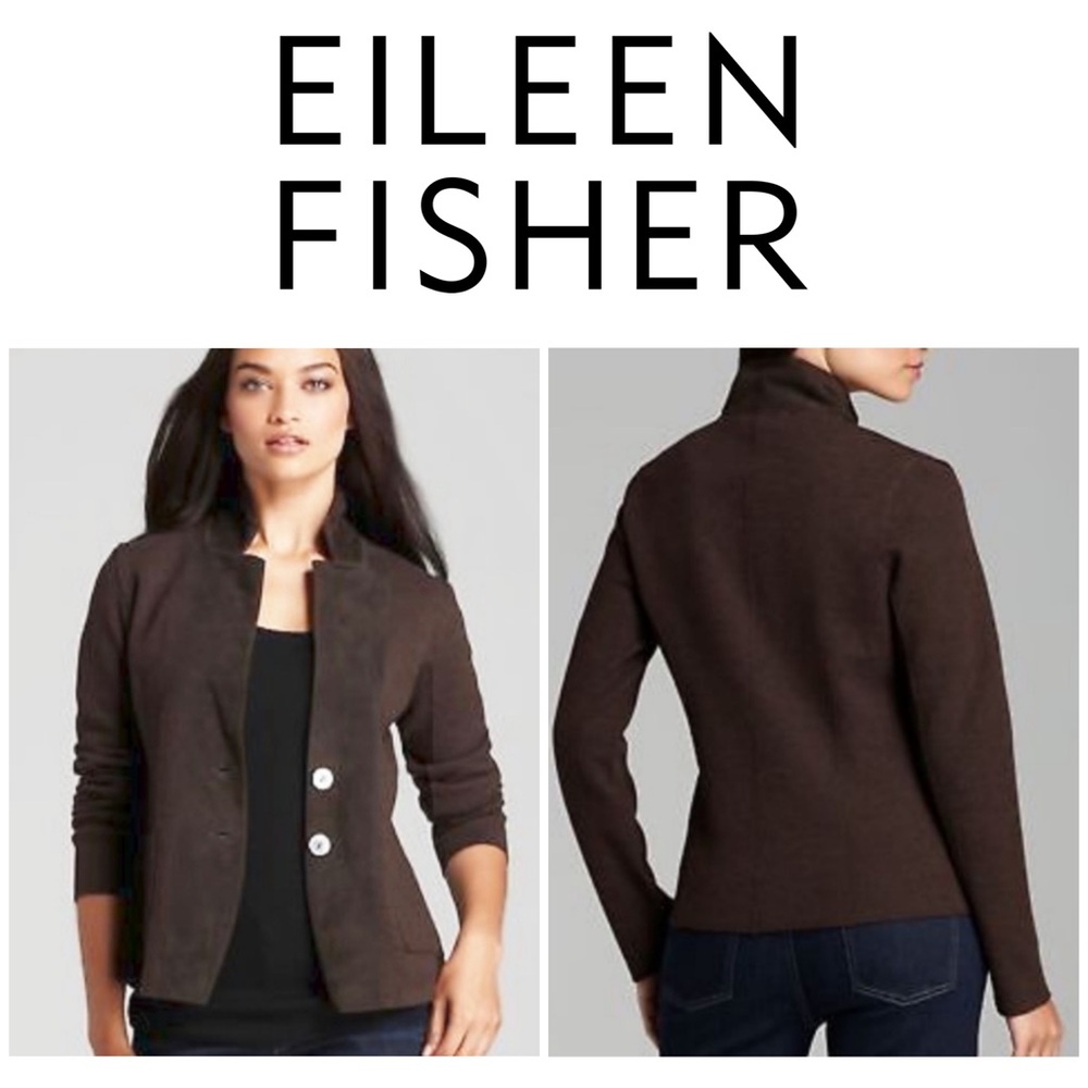 Eileen Fisher Notch Collar Brown Merino Wool Suede Jacket with Lamb Lether S